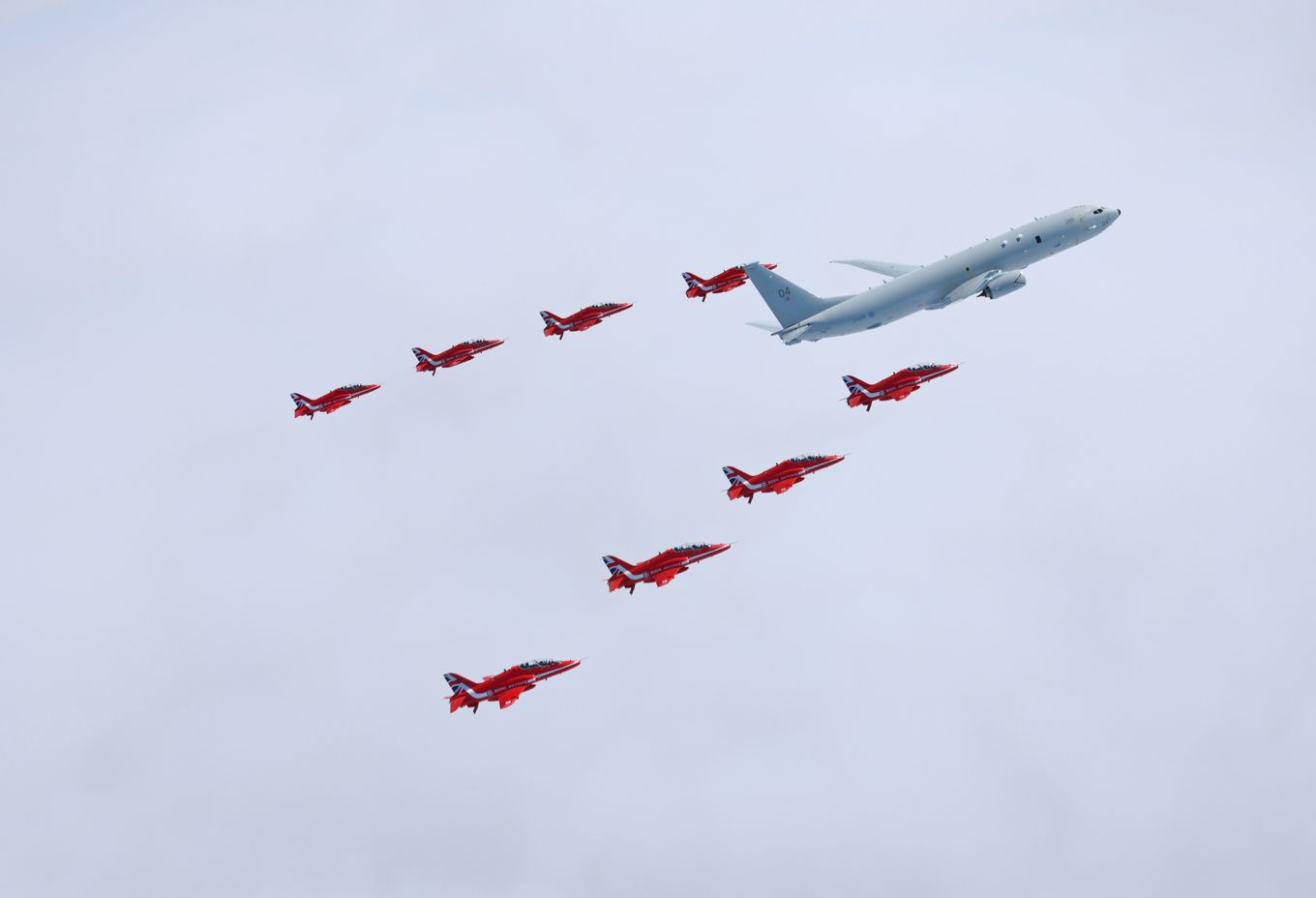 Red Arrows in formation with Poseidon.