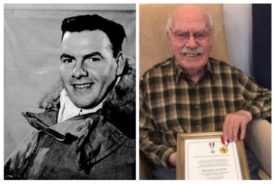 Black and white portrait of Squadron Leader John McGrory, next to later image..