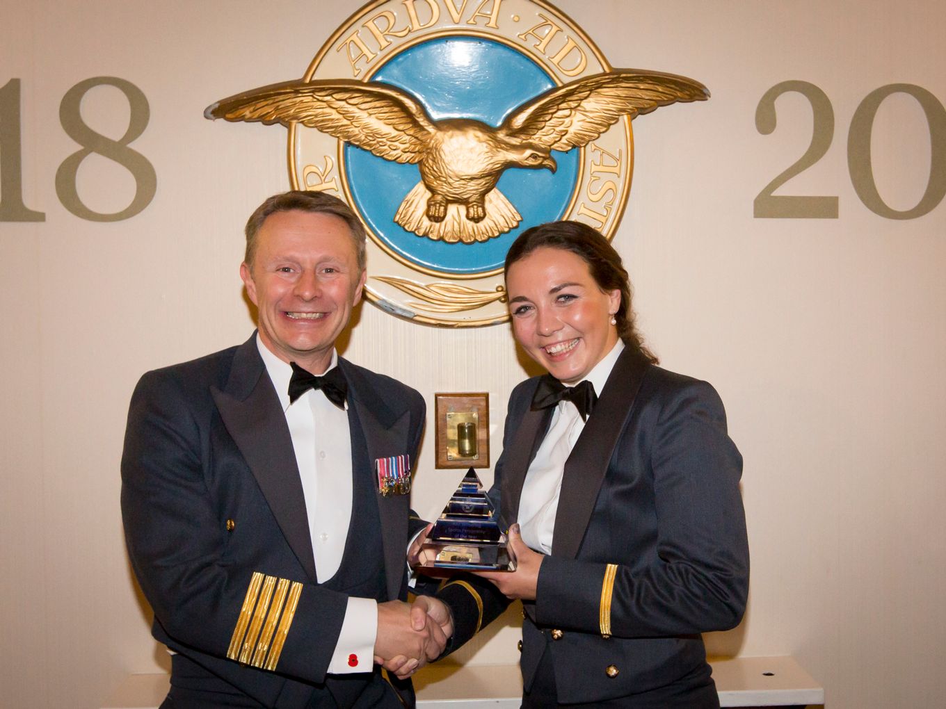 Gp Capt Tony Keeling presents the SPOTY award to Fg Off Rachel Clarke