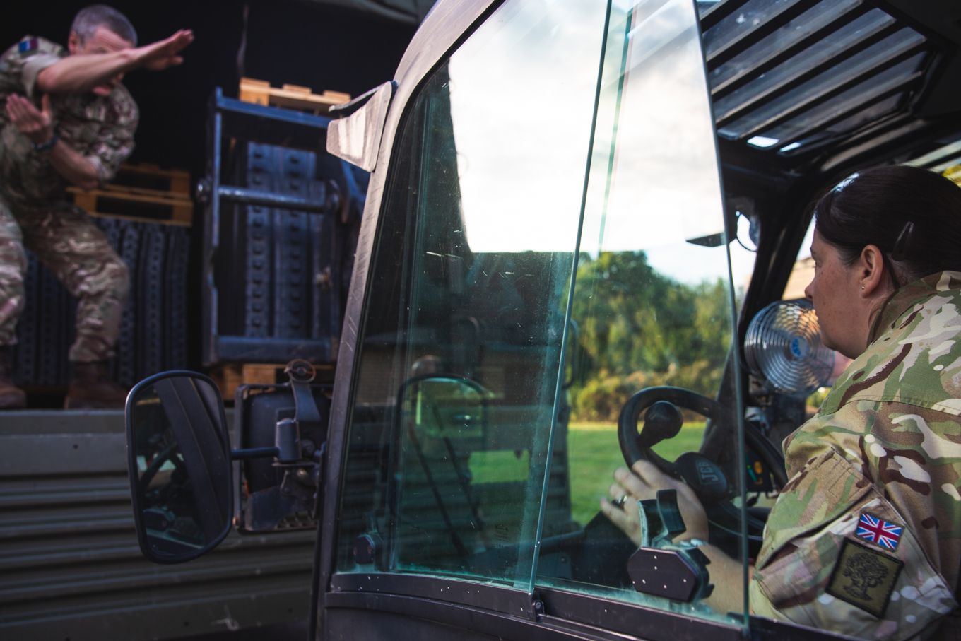 SAC Davis driving a forklift with 504 Sqn on Exercise Wight Oak in 2019