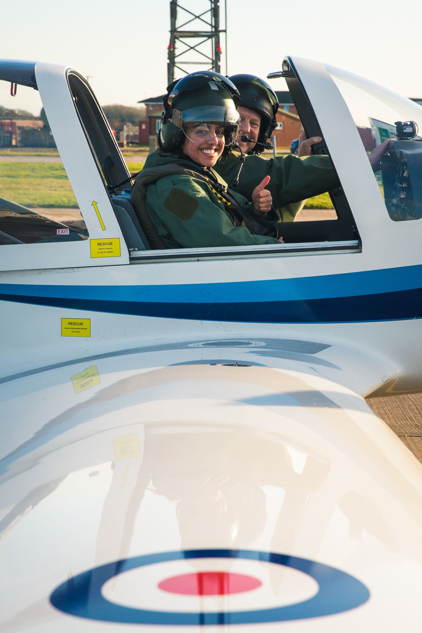 CUAS Student Shreeya Bhogle prepares for her first flight with instructor, Flt Lt Timothy Hills