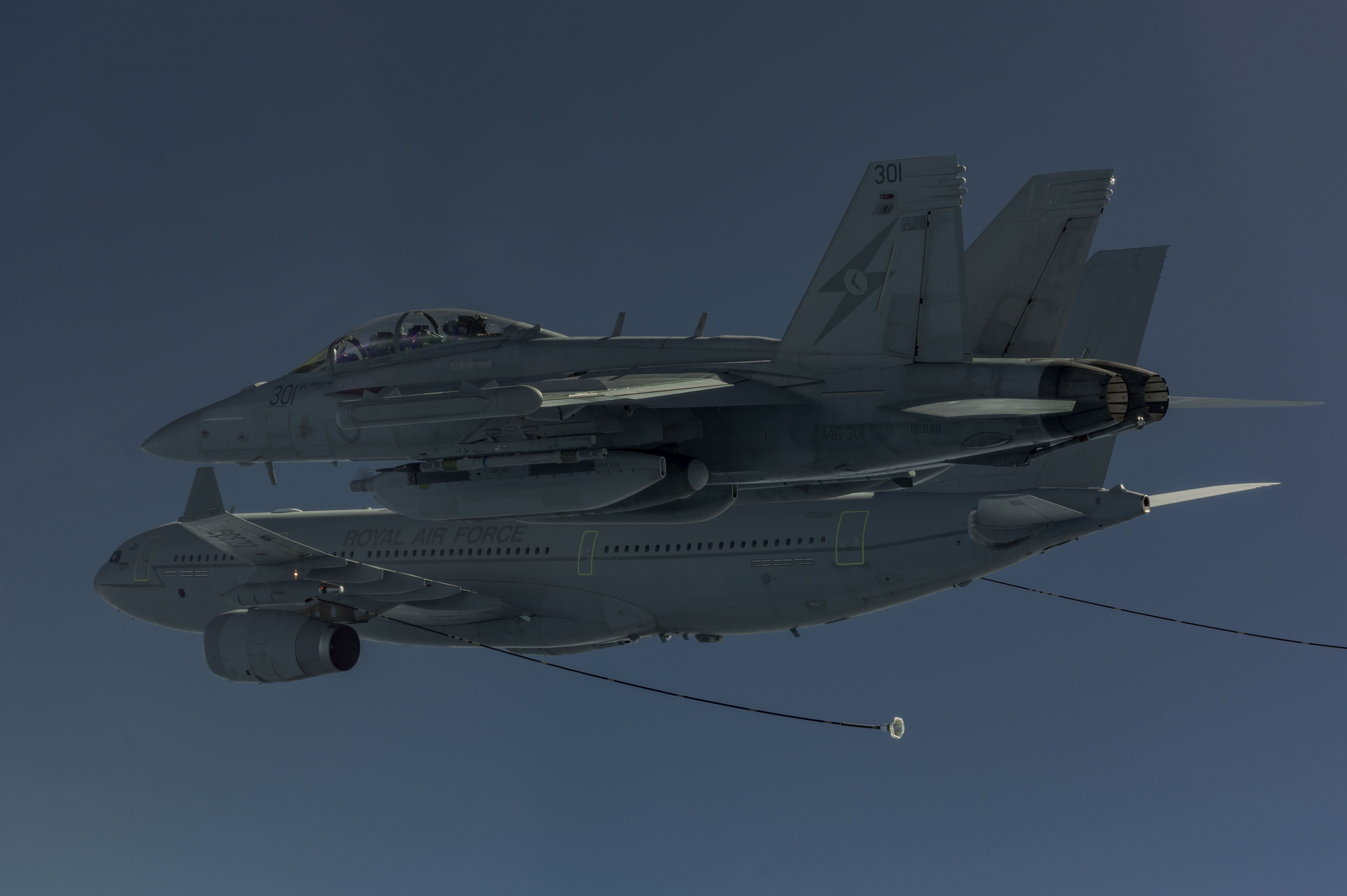 A Royal Australian Air Force EA-18G Growler prepares to take on fuel from a Royal Air Force Voyager during Exercise Talisman Sabre 2025.