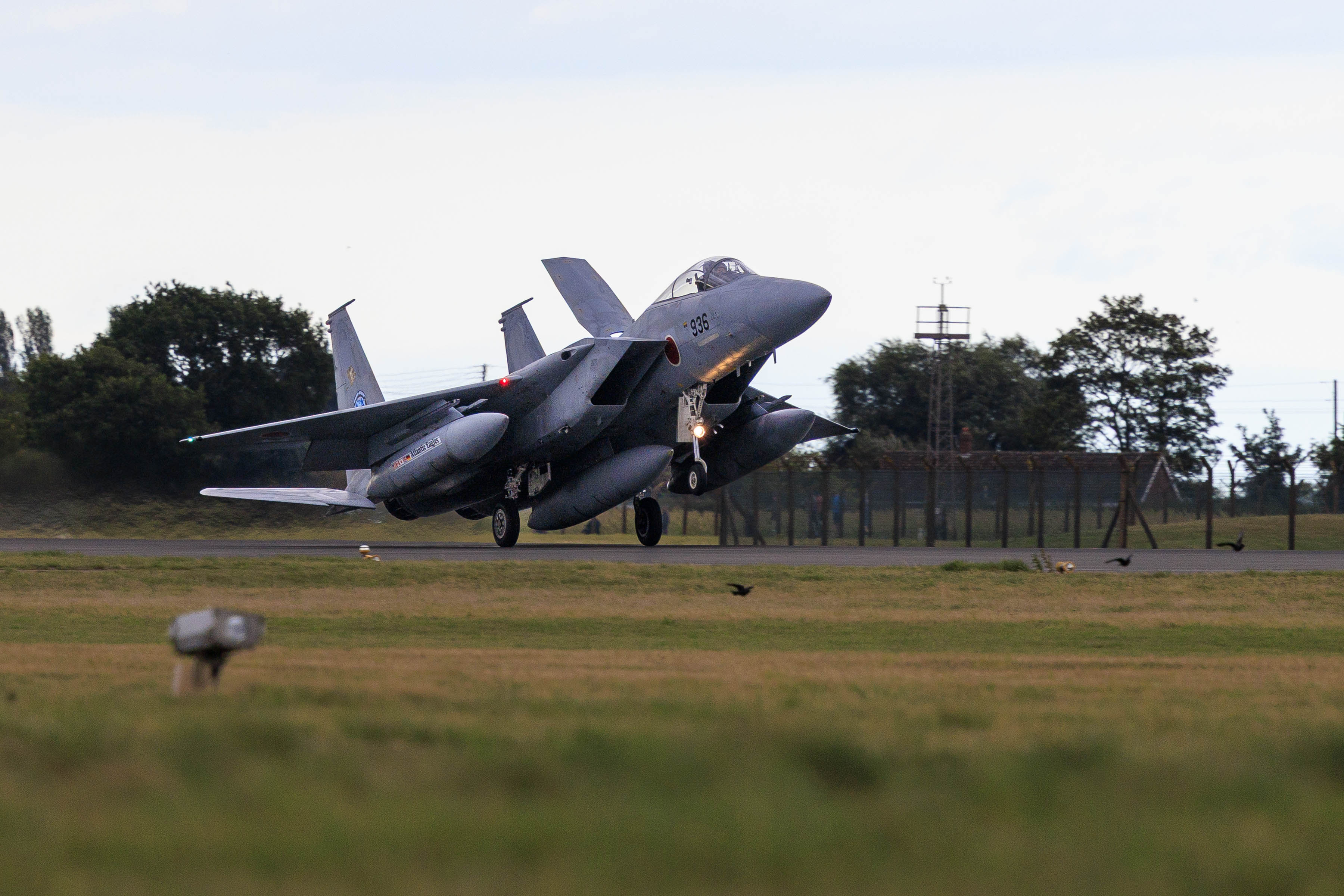 An F-15 touches down at RAF Coningsby.
