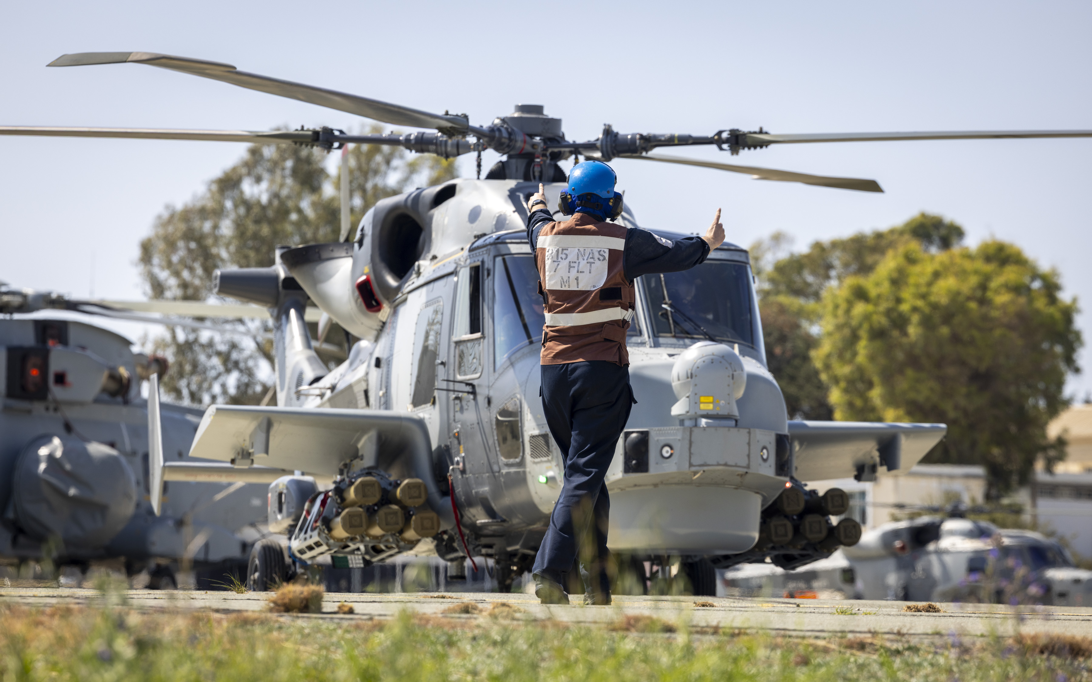 A Royal Navy Wildcat helicopter undergoing take-off drills.