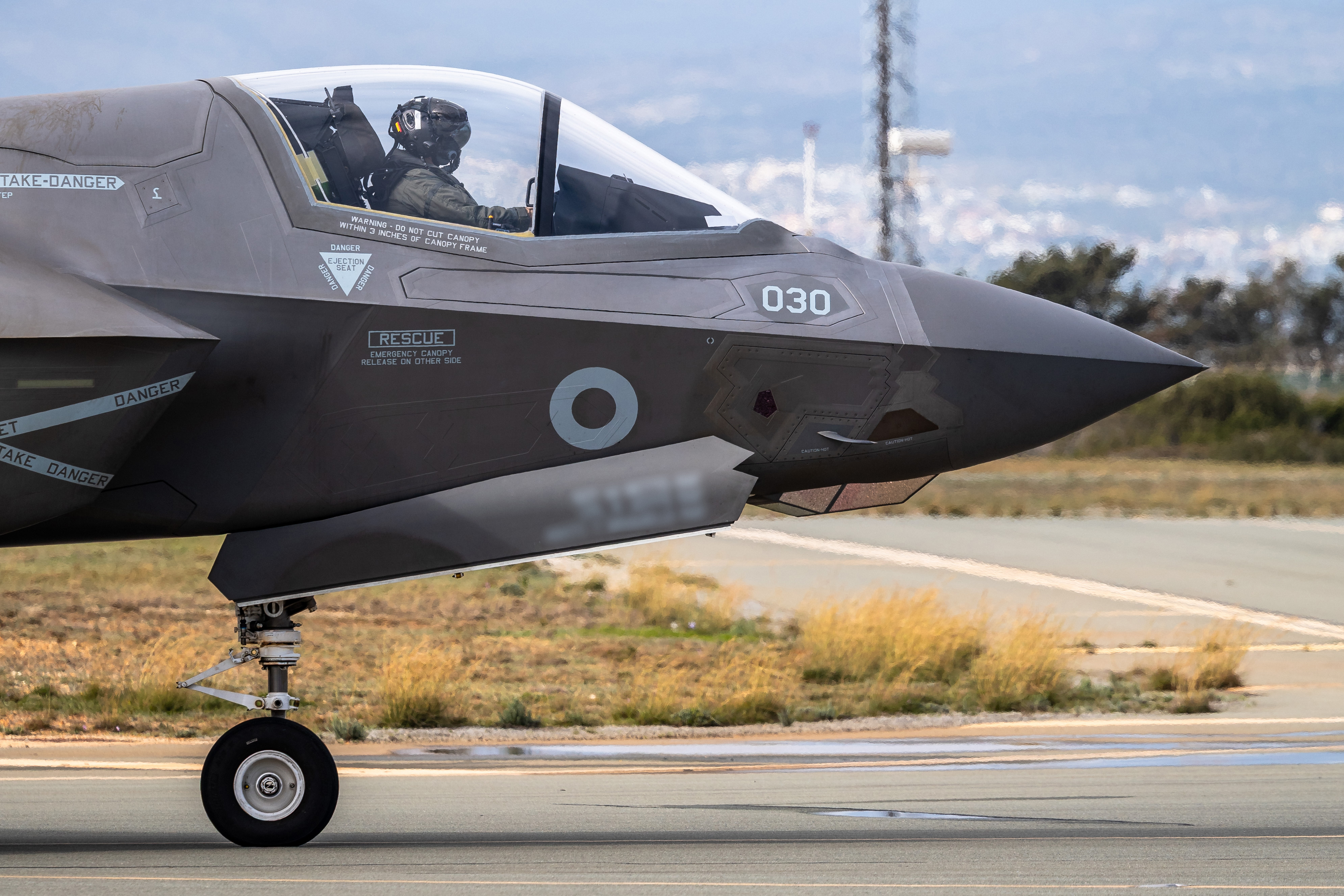 An RAF F-35B Lightning II taxiing on a runway.