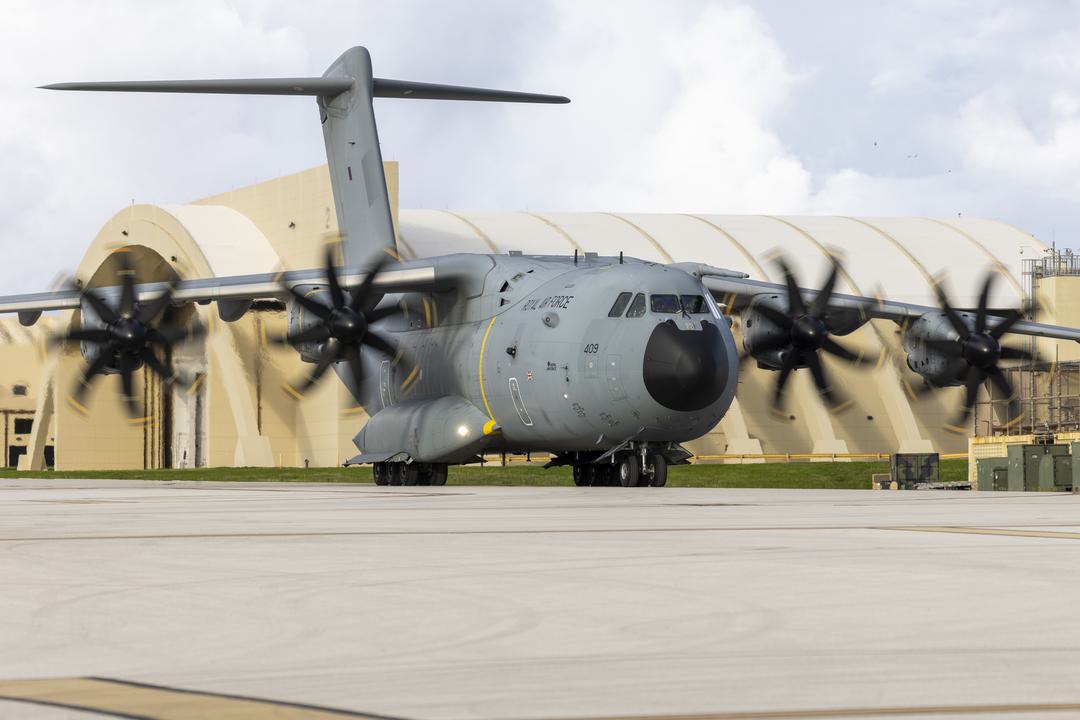 An RAF A400M Atlas preparing for takeoff