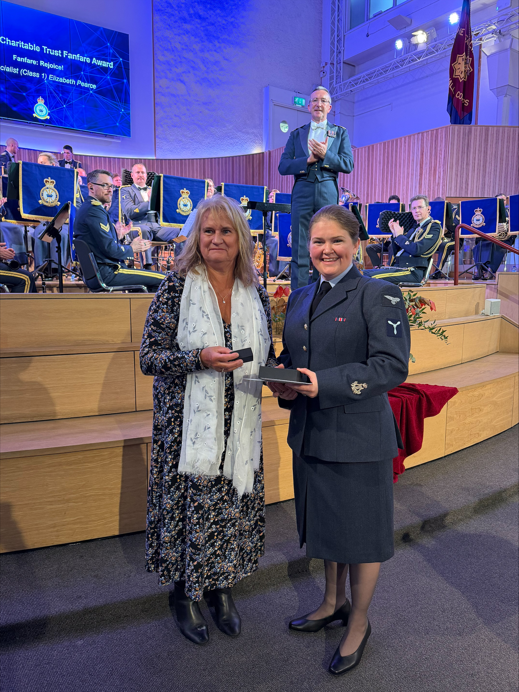 AS1 Pearce, winner of the RAF Music Charitable Trust Fanfare Award, presented by trustee Sally Goodman.