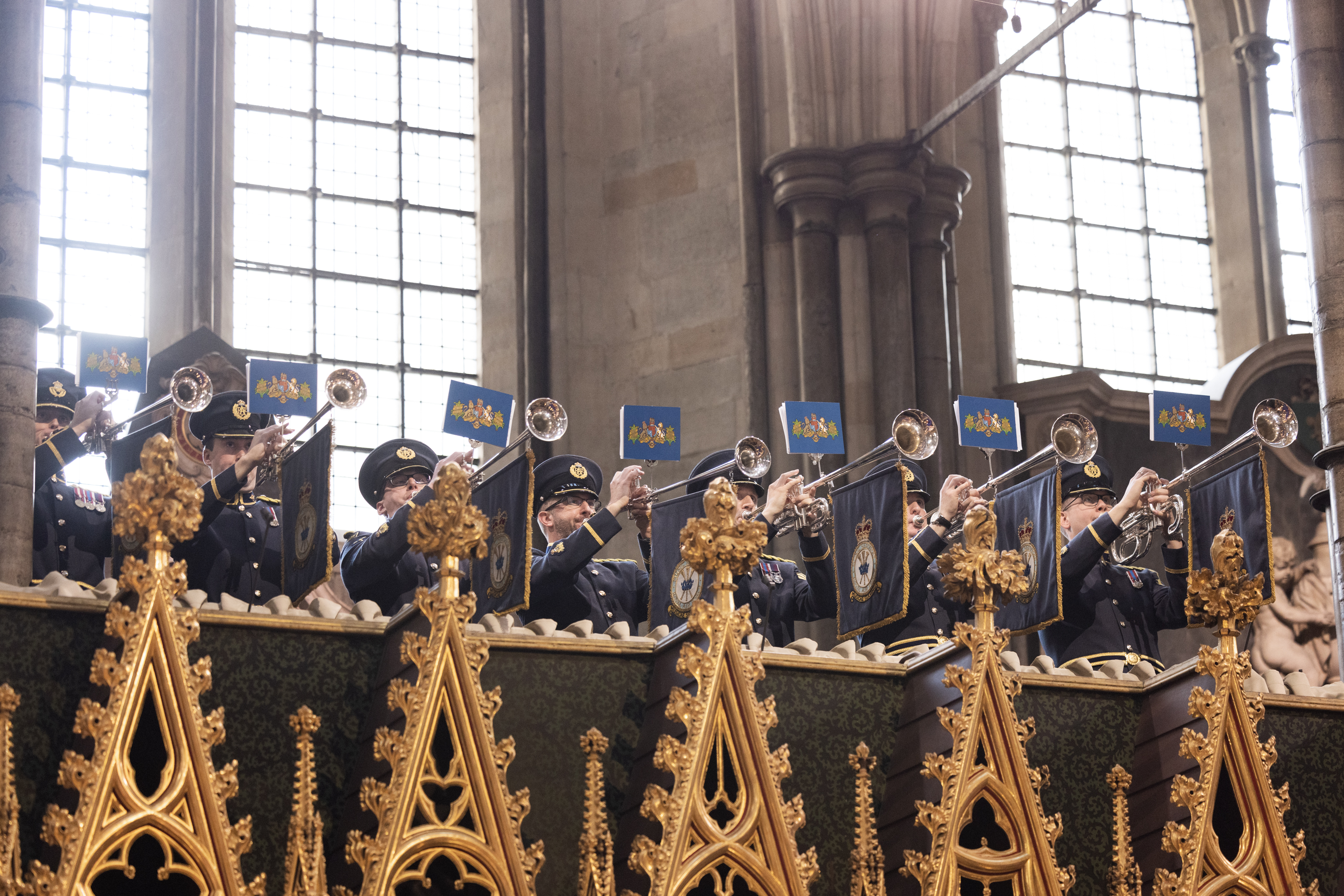 The Fanfare Trumpeters of the RAF perform at Westminster Abbey for The Coronation of King Charles III and Queen Camilla