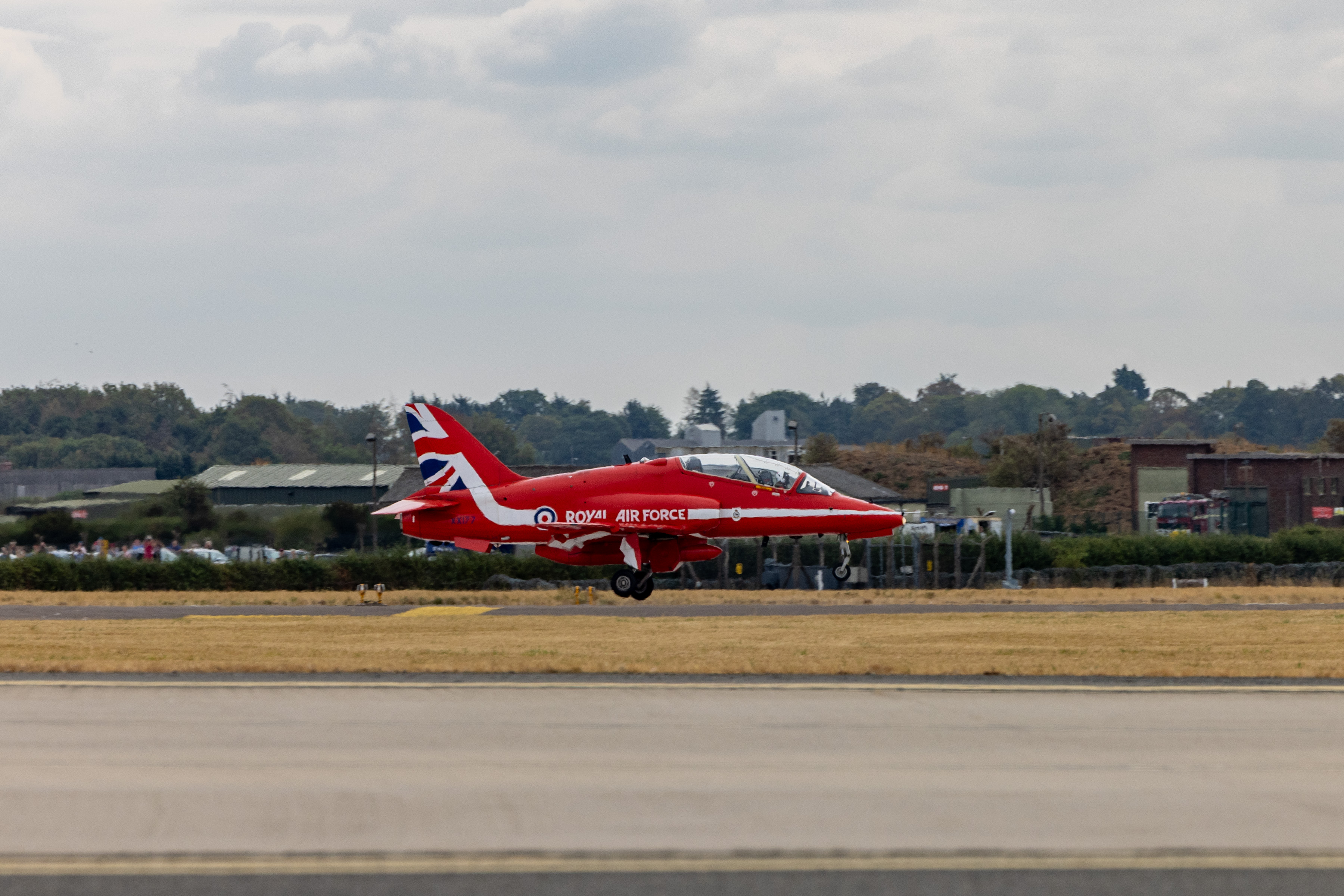 A Red Arrows Hawk jet comes into land at RAF Waddington following a return journey from the United States.