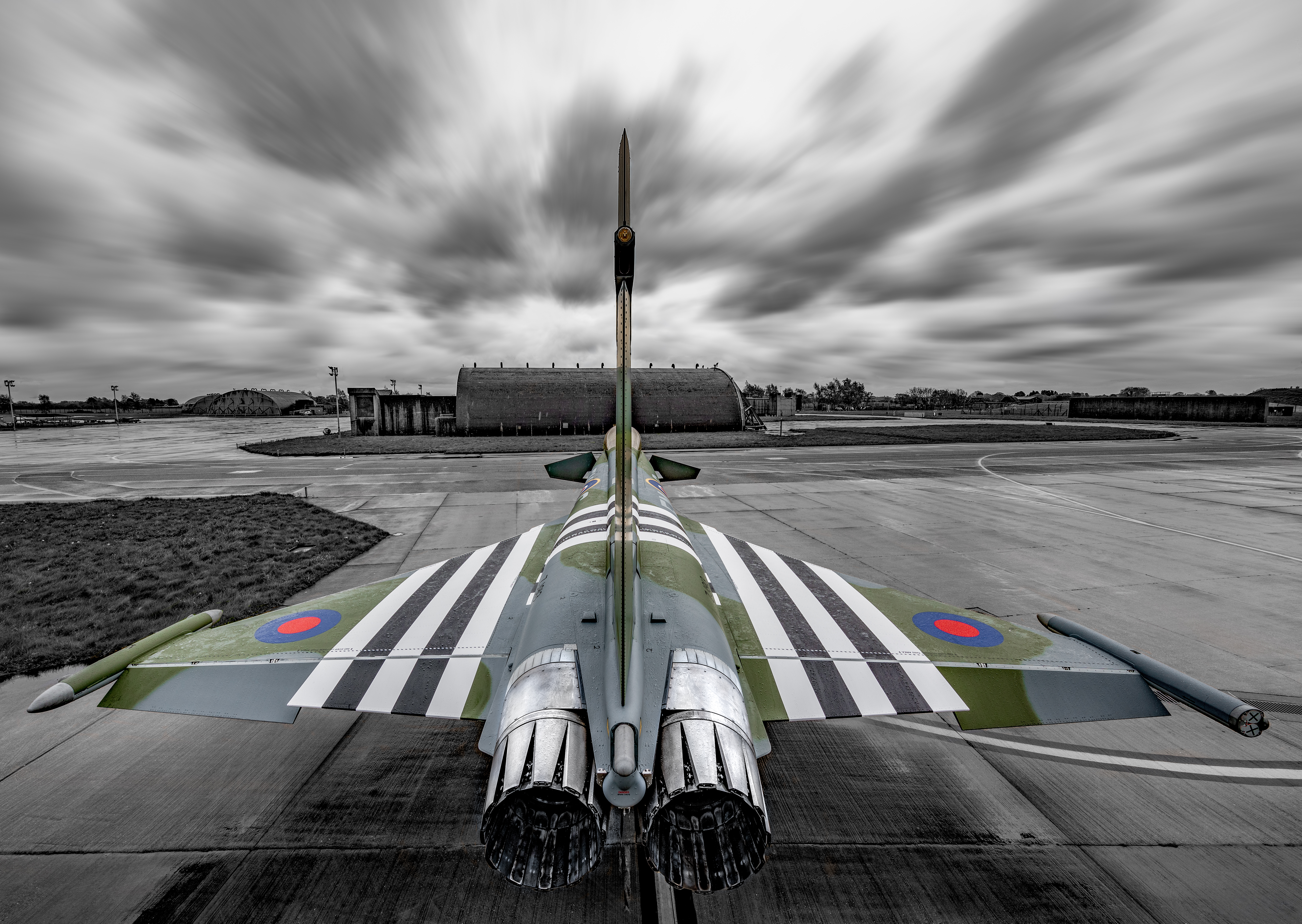 Black and white image of an aircraft on the airfield.
