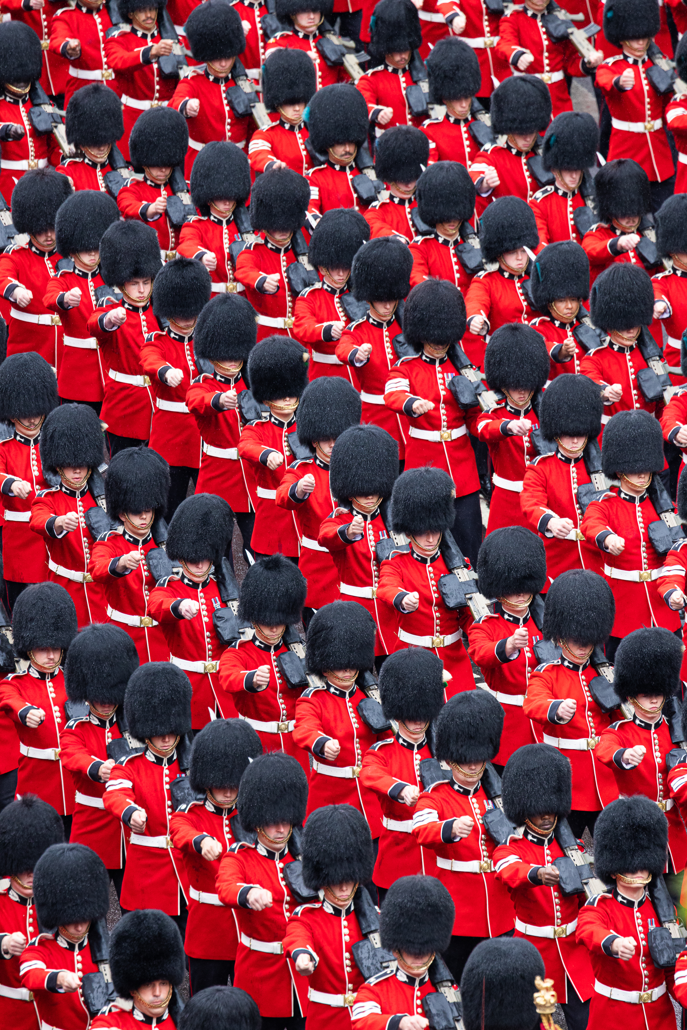 aerial view of guards marching