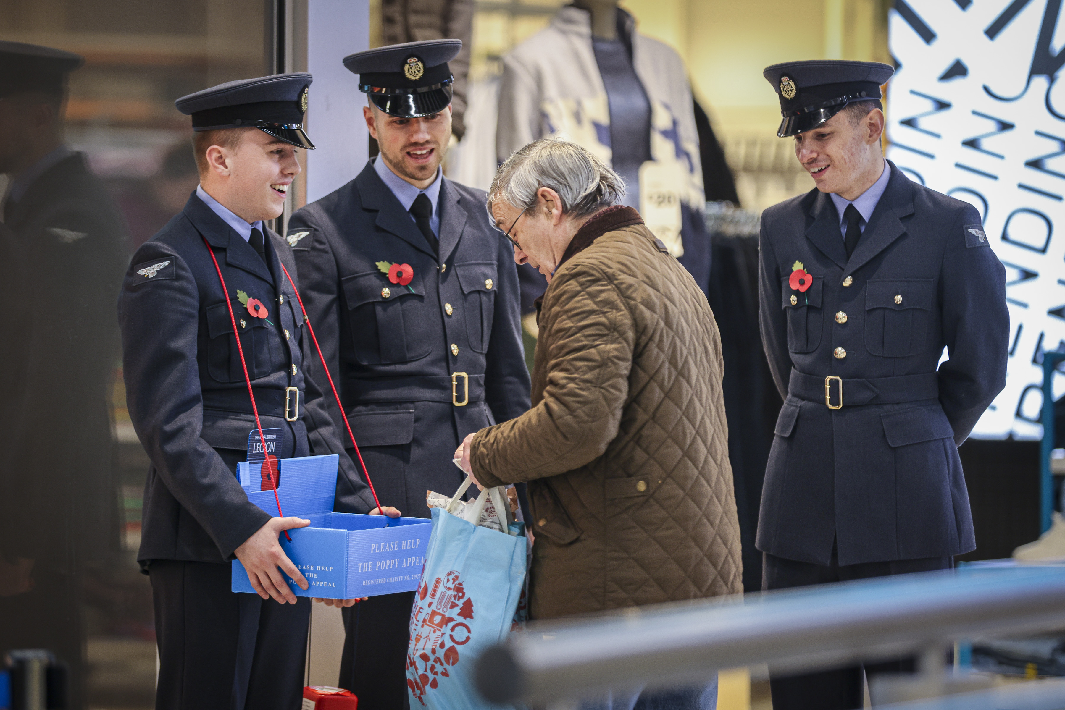 RAF Cosford Apprentices chatting to the locals of Shrewsbury during the poppy appeal within the town centre on 7th Nov 23