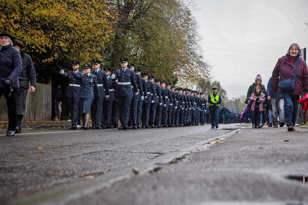 RAF Cosford personnel march down Albrighton streets for Remembrance ceremony on 12th November 2023