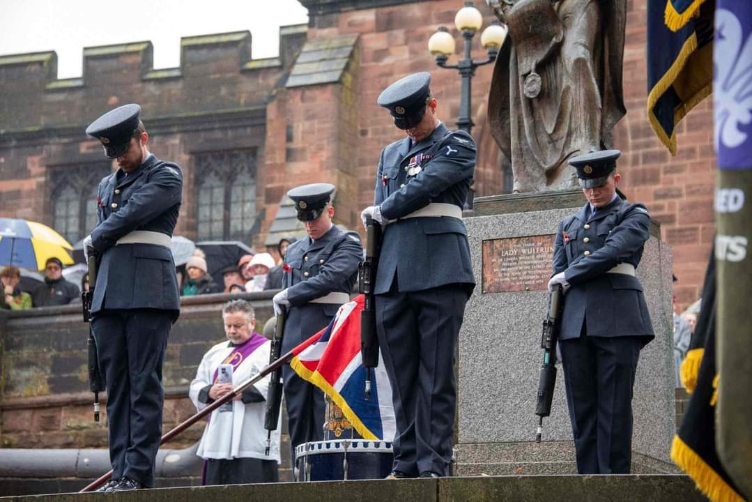 In Wolverhampton, ceremonial drill of the rifle being lowered to respect the fallen during the Remembrance parade on Sunday 12th November 2023