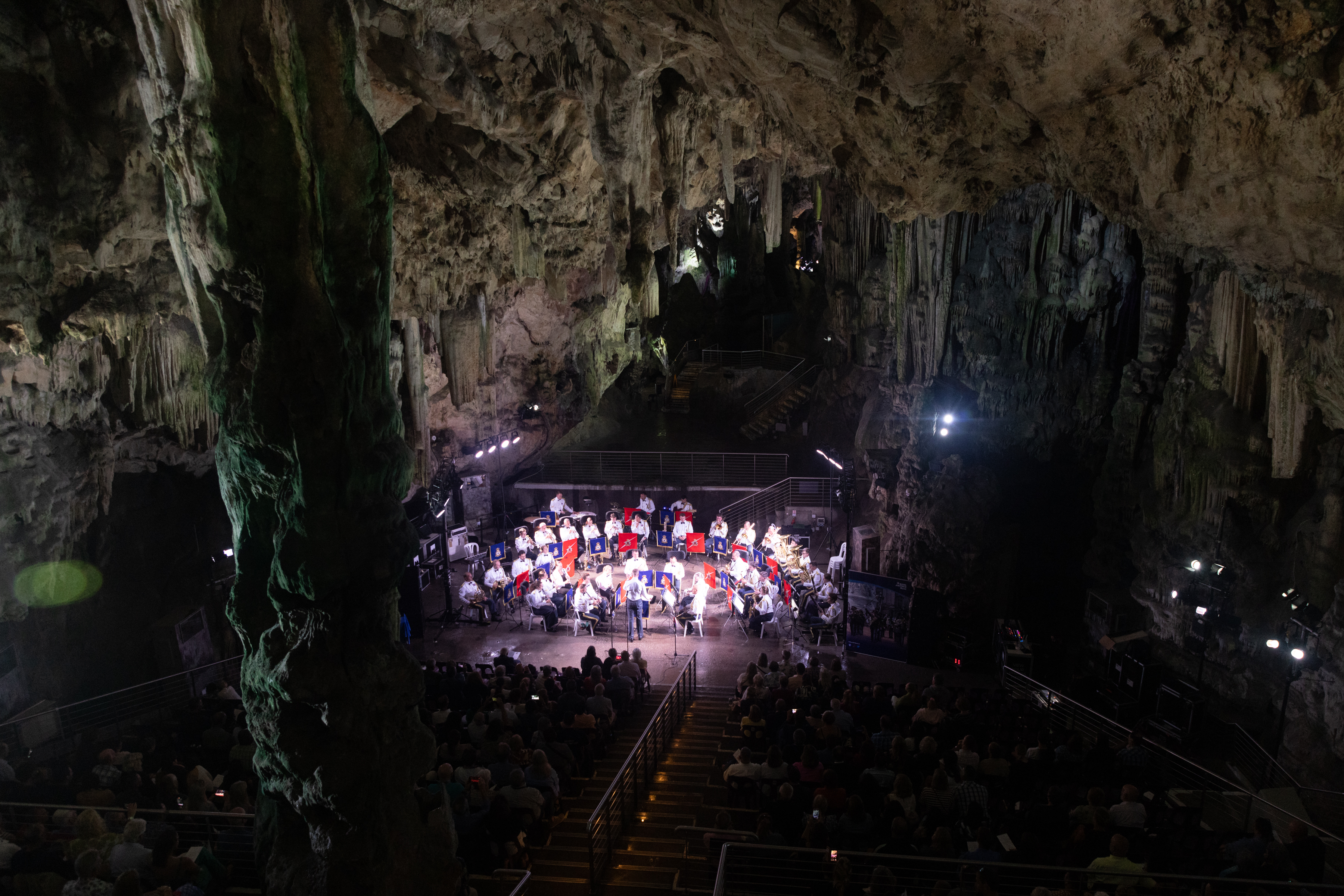 The Band of the RAF Regiment performing in St Michael's Cave.