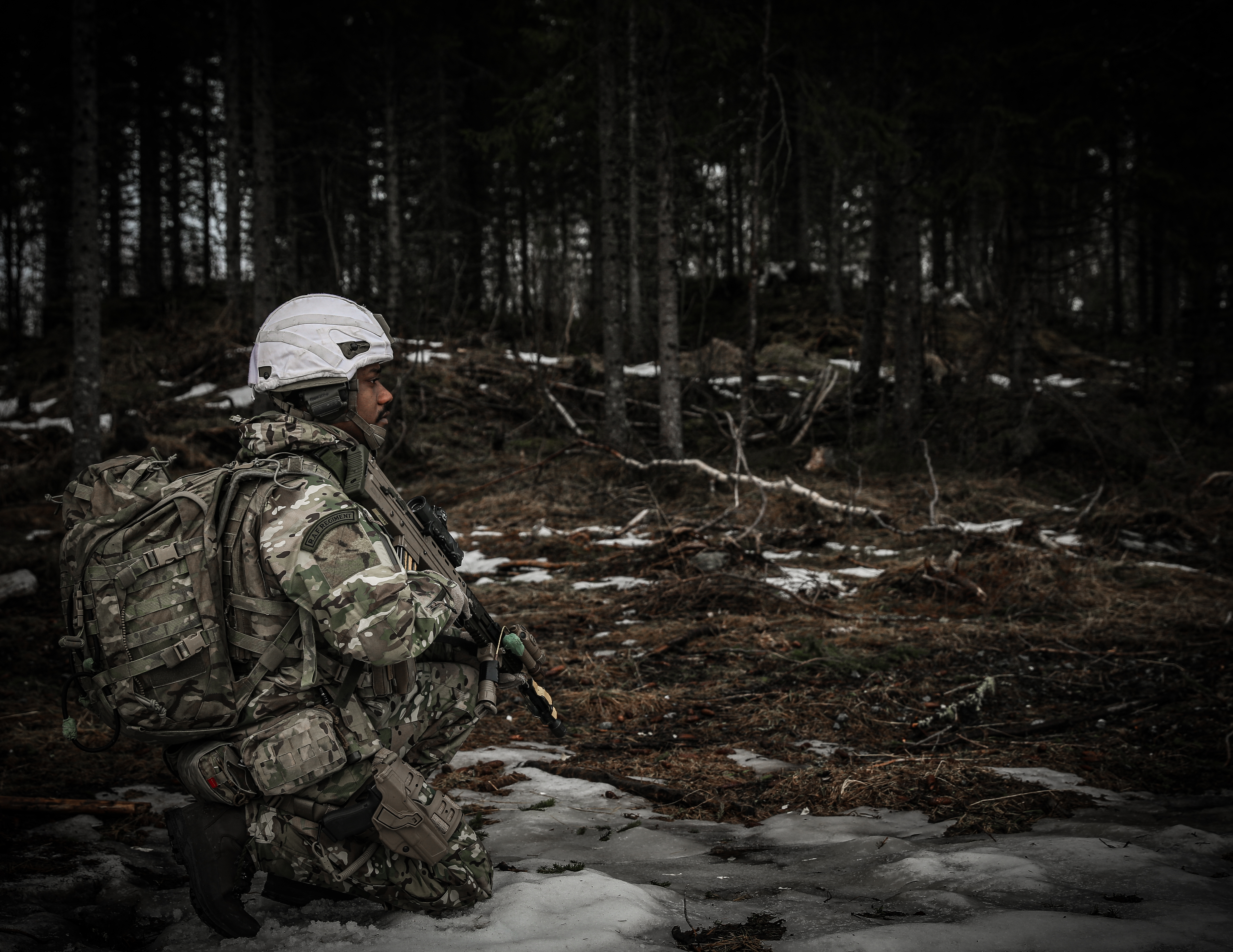 An armed member of the RAF Regiment stood on watch in a snowy forest.