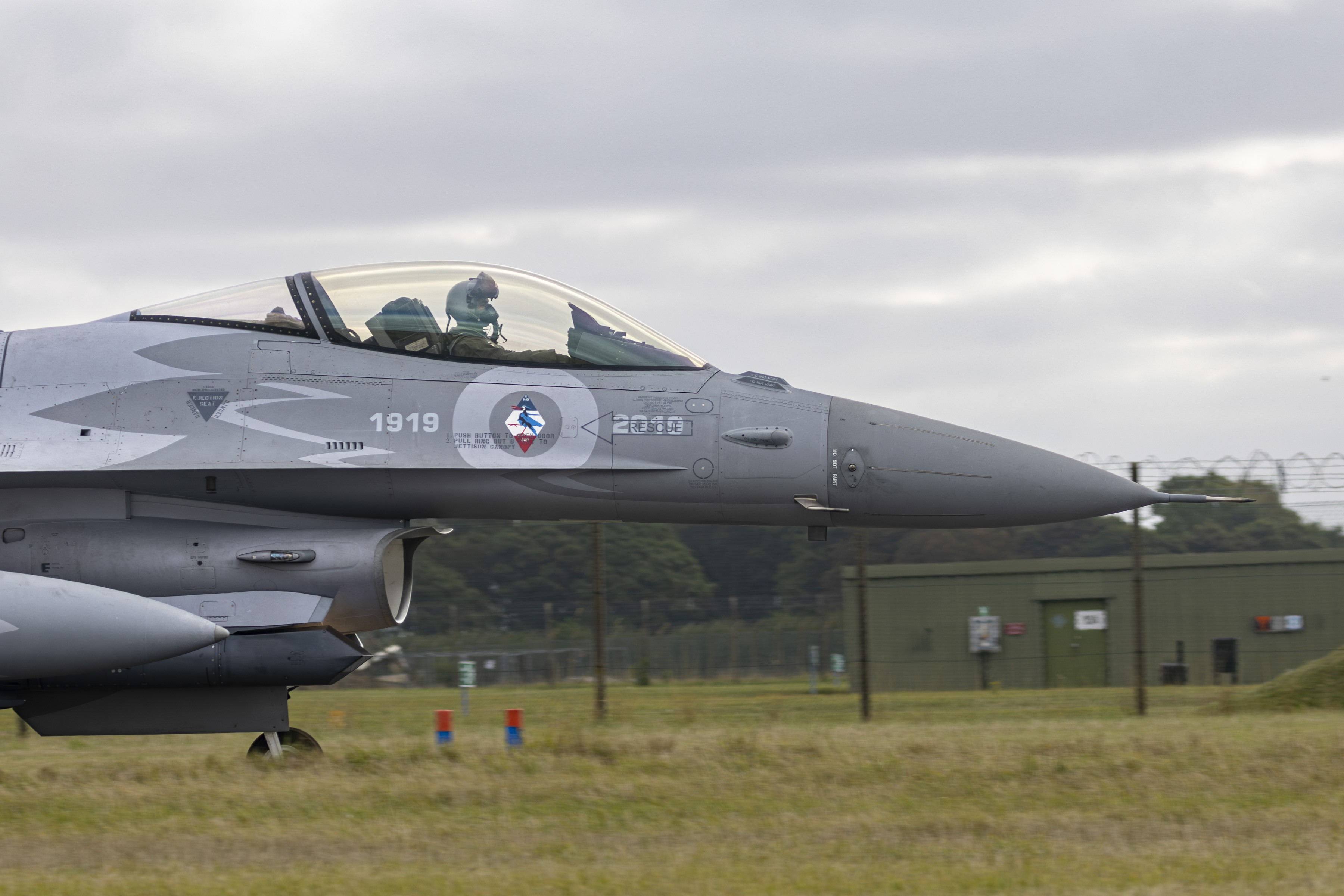 A Polish F-16 taxiing down the taxiway, ready for take off for a training sortie.
