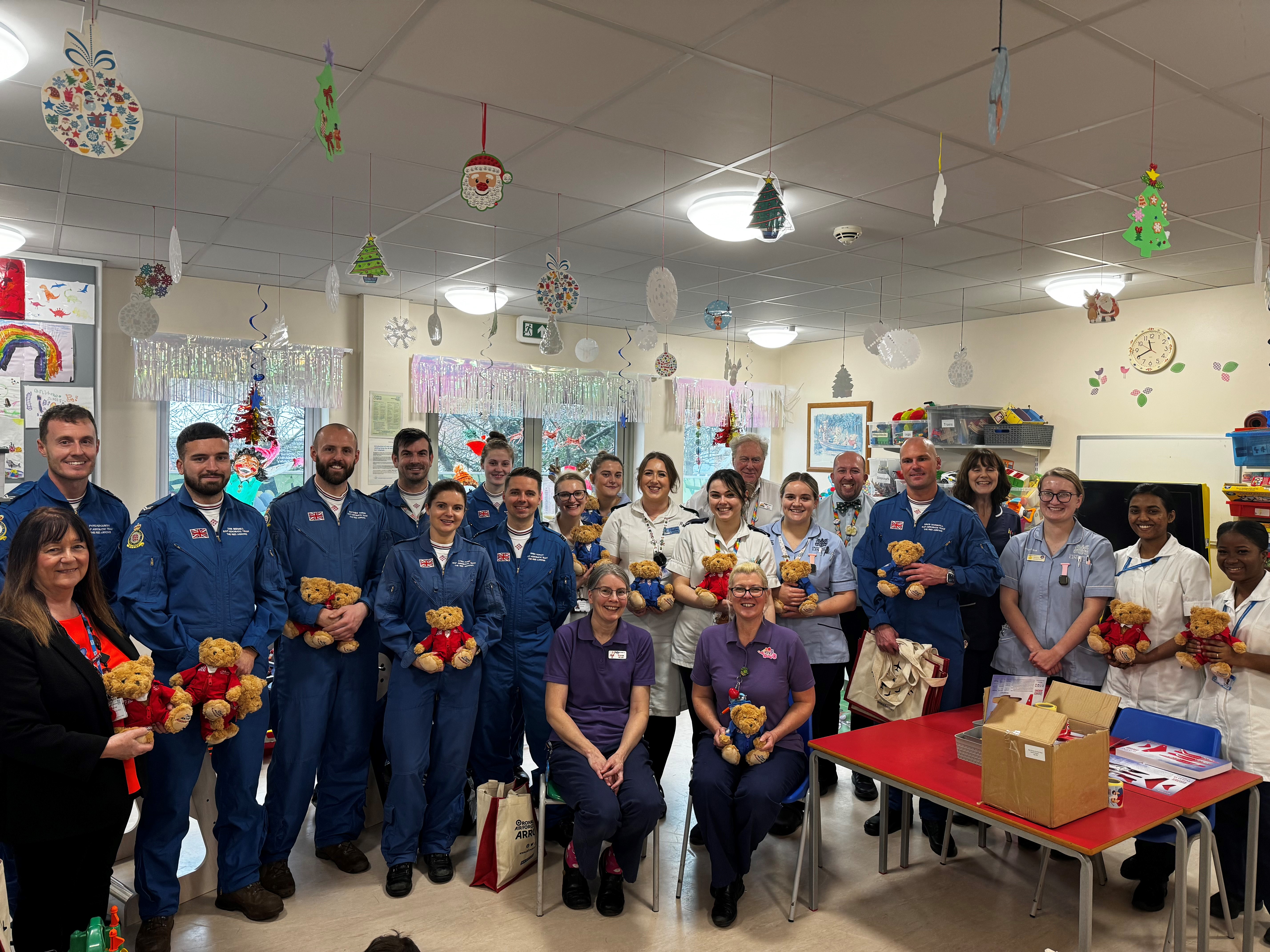 The Red Arrows personnel visiting the children's wards in Lincoln.
