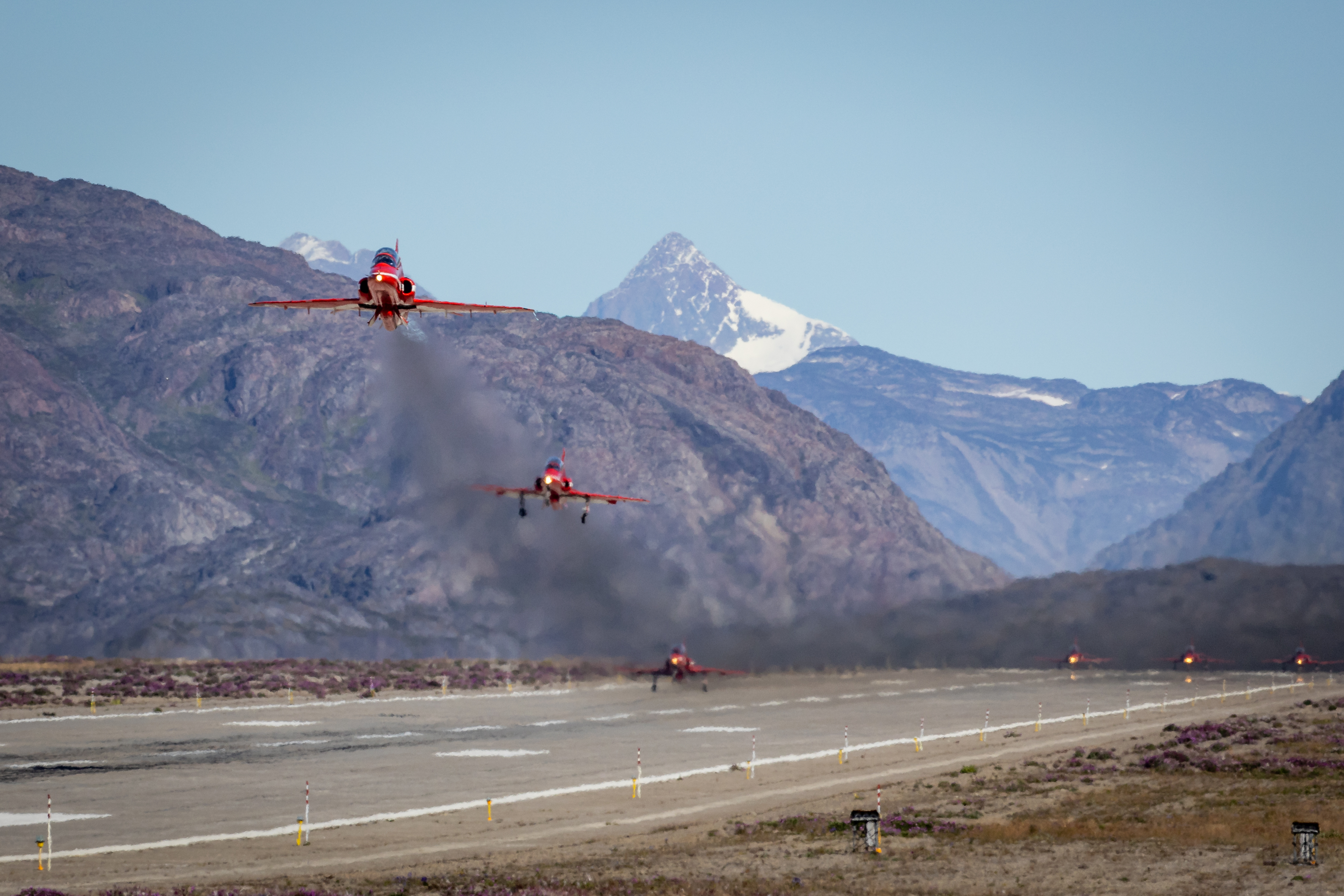 The Red Arrows take off from an airfield in Greenland - during a transatlantic crossing to Canada in 2024.