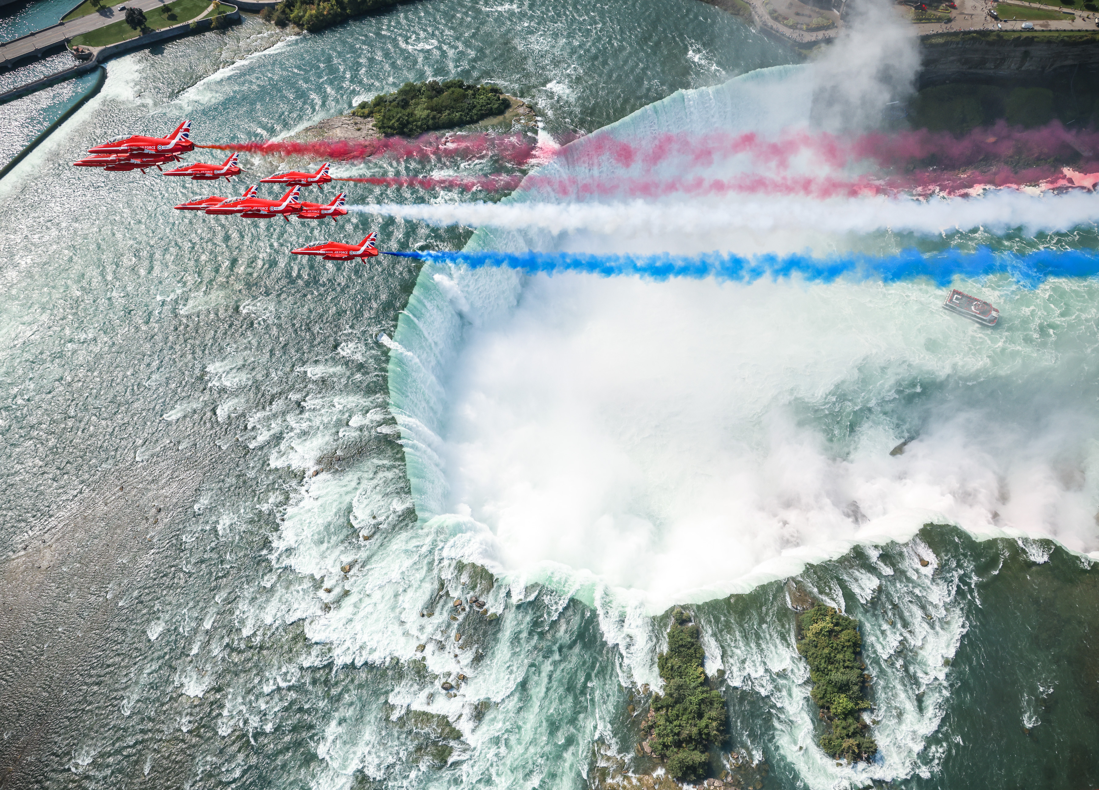 The Red Arrows seen flying over Niagara Falls.
