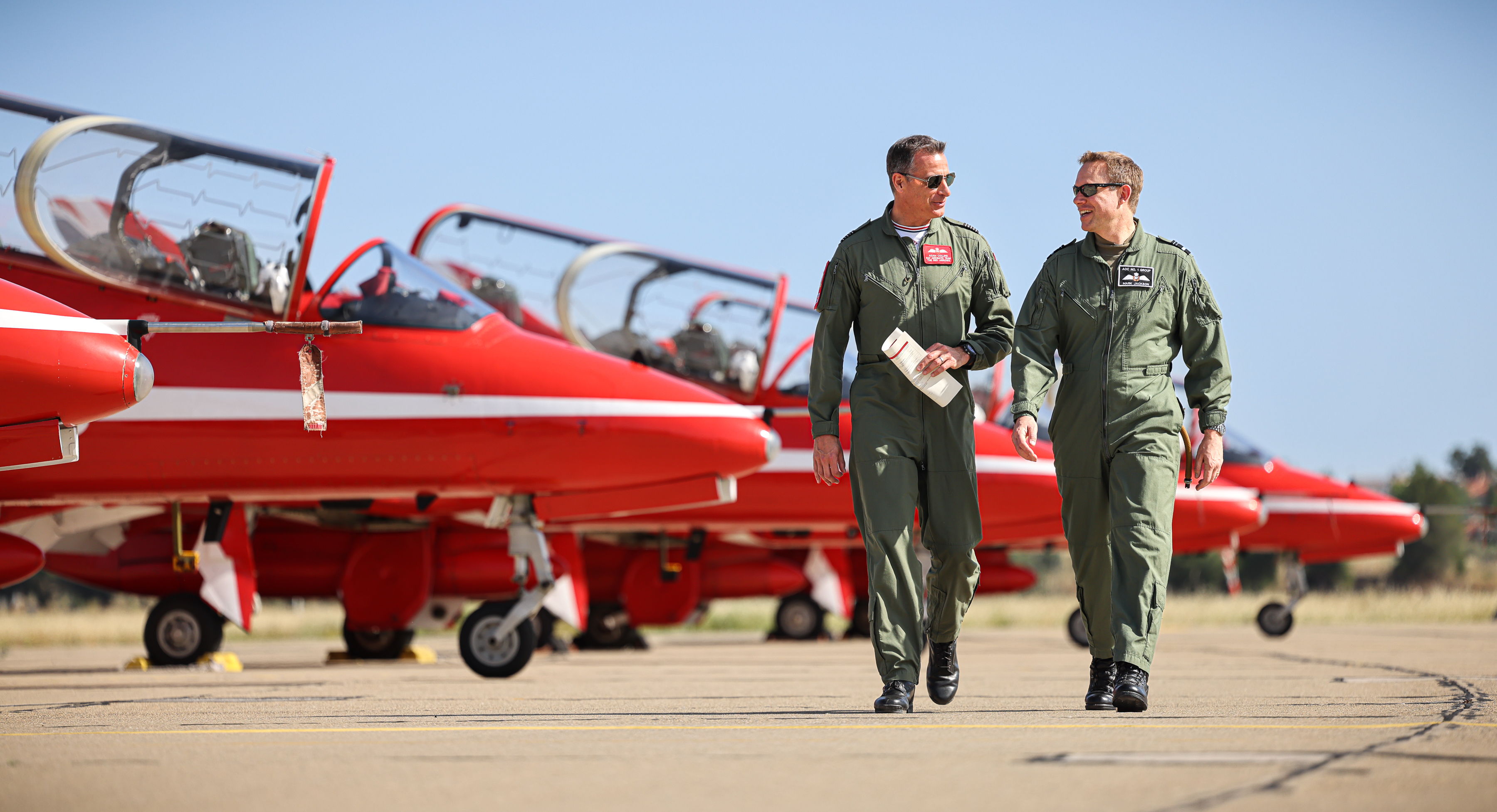 OC RAFAT, left, and Air Officer Commanding No 1 Group, Air Vice-Marshal Mark Jackson, right, discuss the 2025 season during the PDA process.