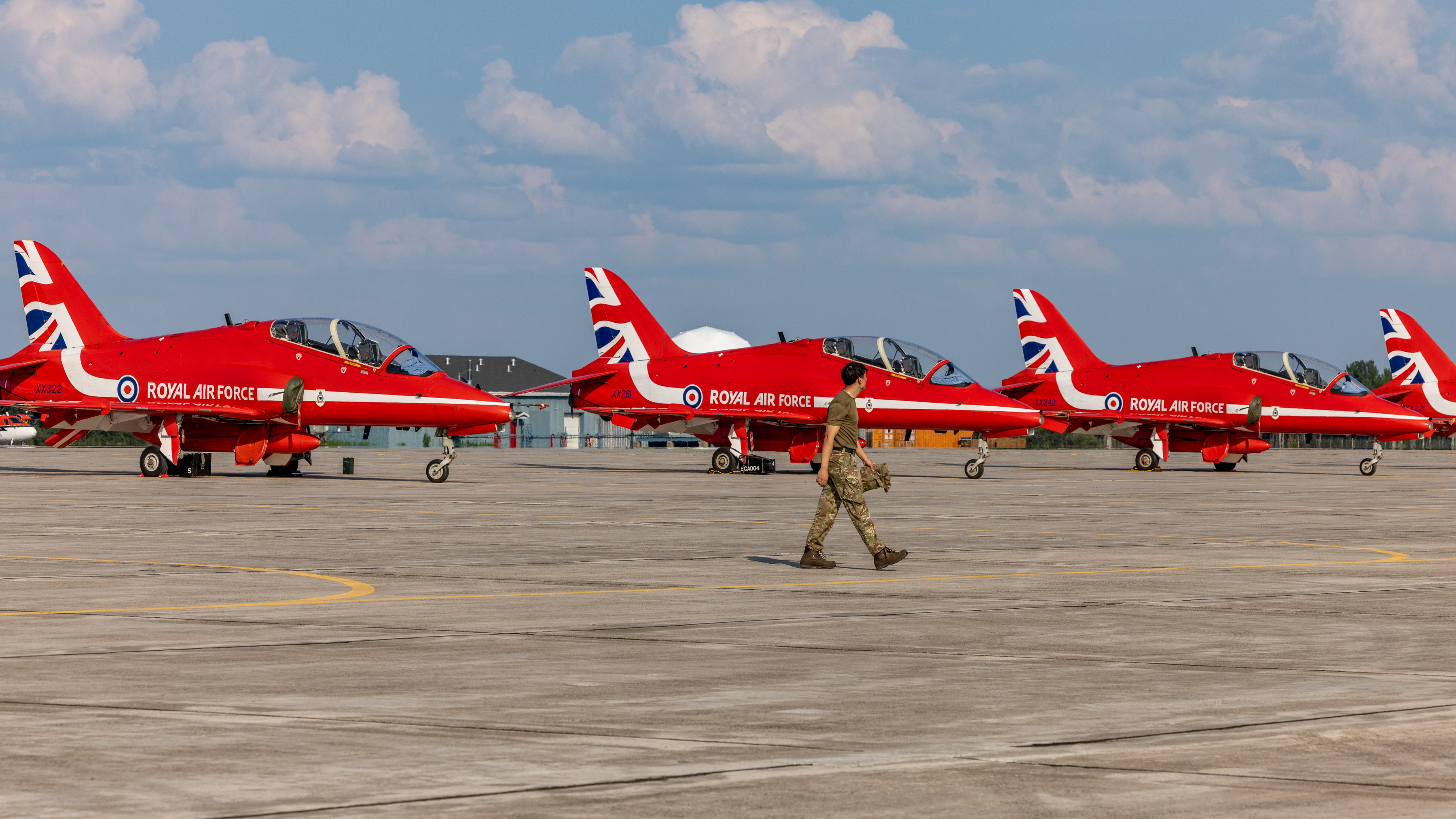 A line-up of Red Arrows aircraft at Canadian Forces' Base Goose Bay.