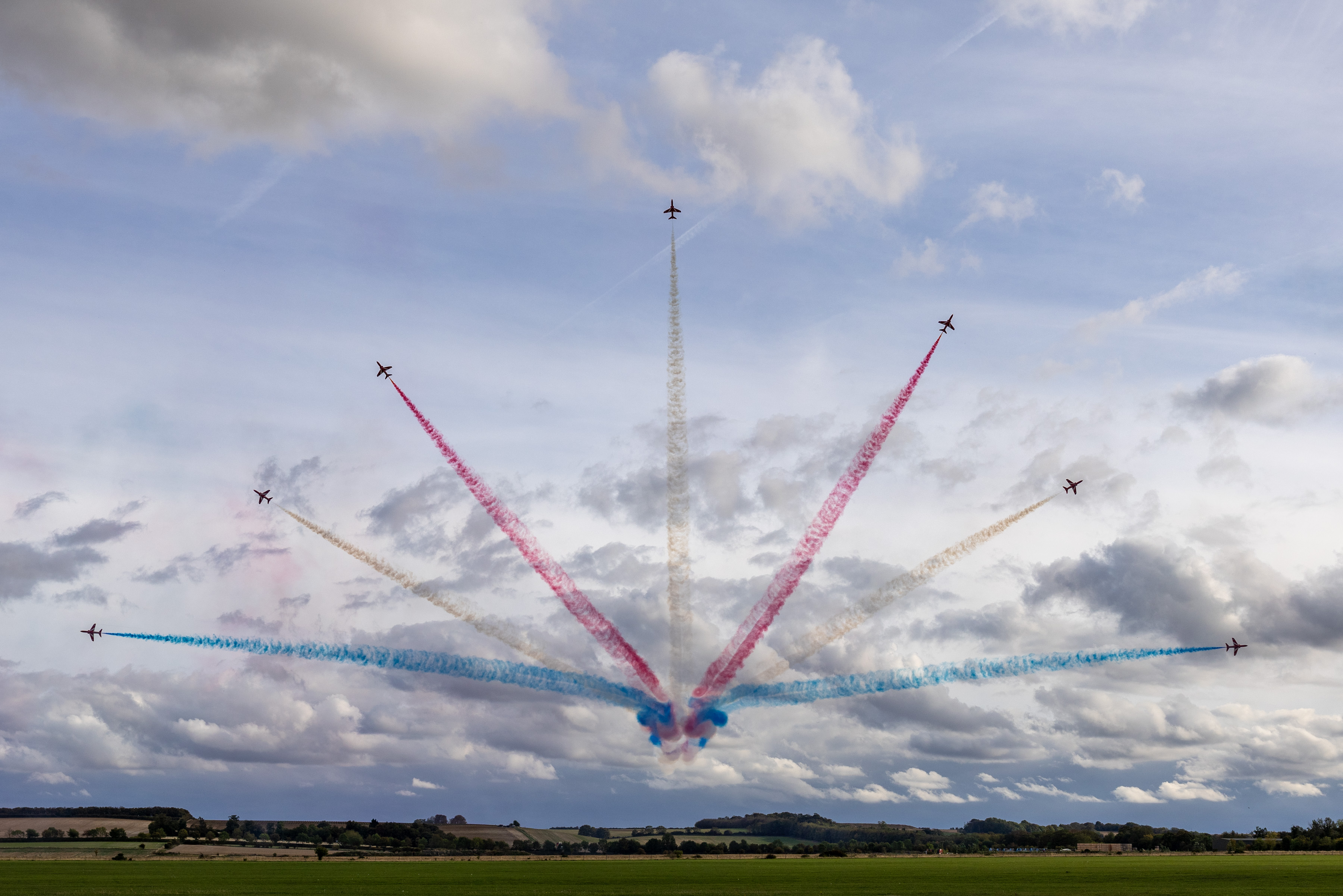 The Red Arrows performing the show-closing move at IWM Duxford.