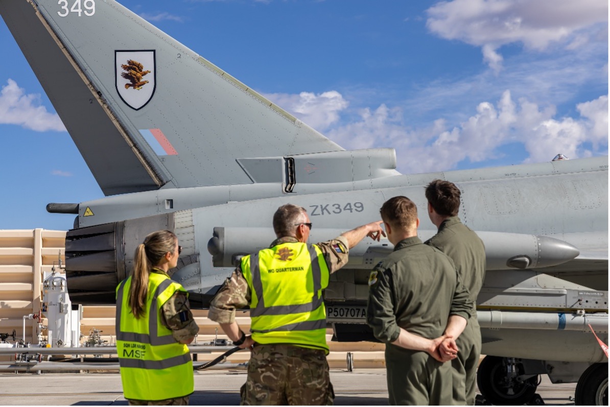 Ground crew inspecting an RAF Typhoon as it prepares to take flight as part of Exercise Red Flag 2026.