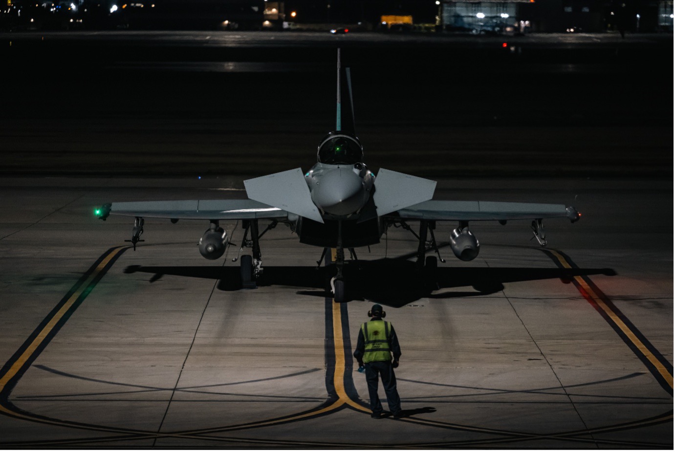 An RAF Typhoon parked on the runway at Nellis Island Air Force Base at night, during Exercise Red Flag 2026.