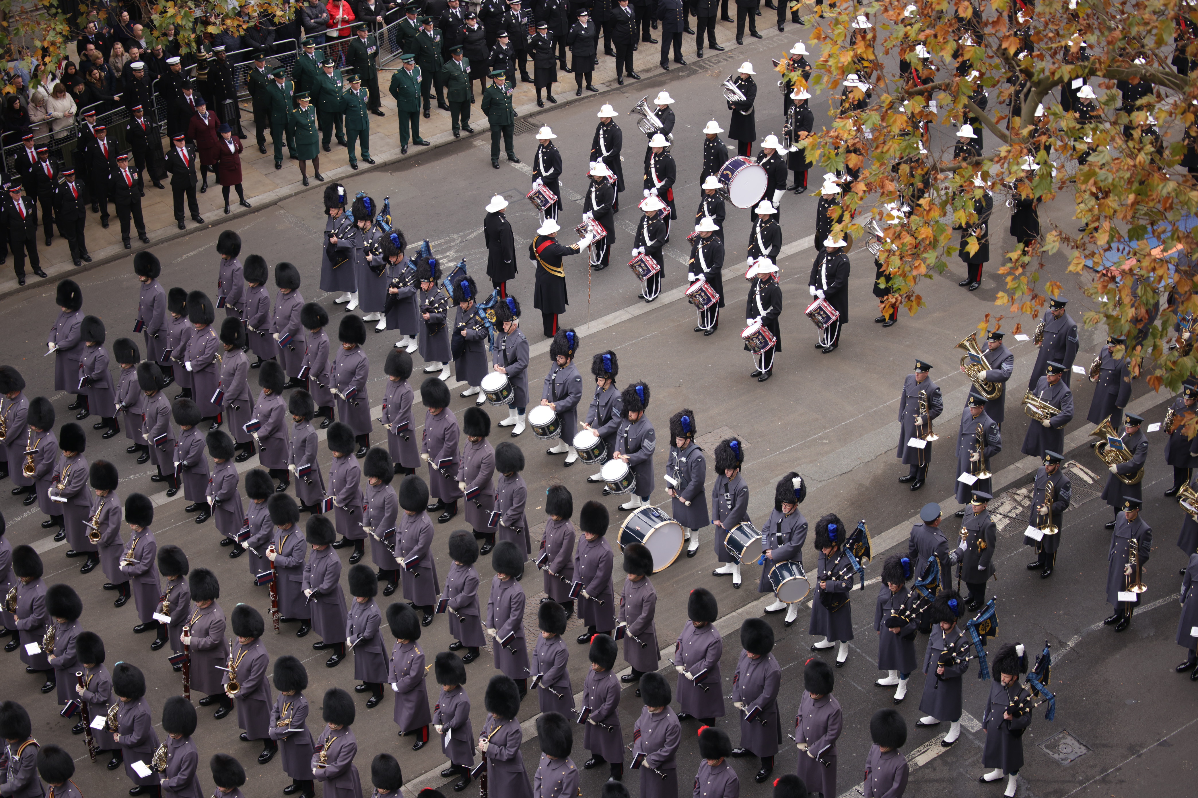 Military bands on parade at the Cenotaph.