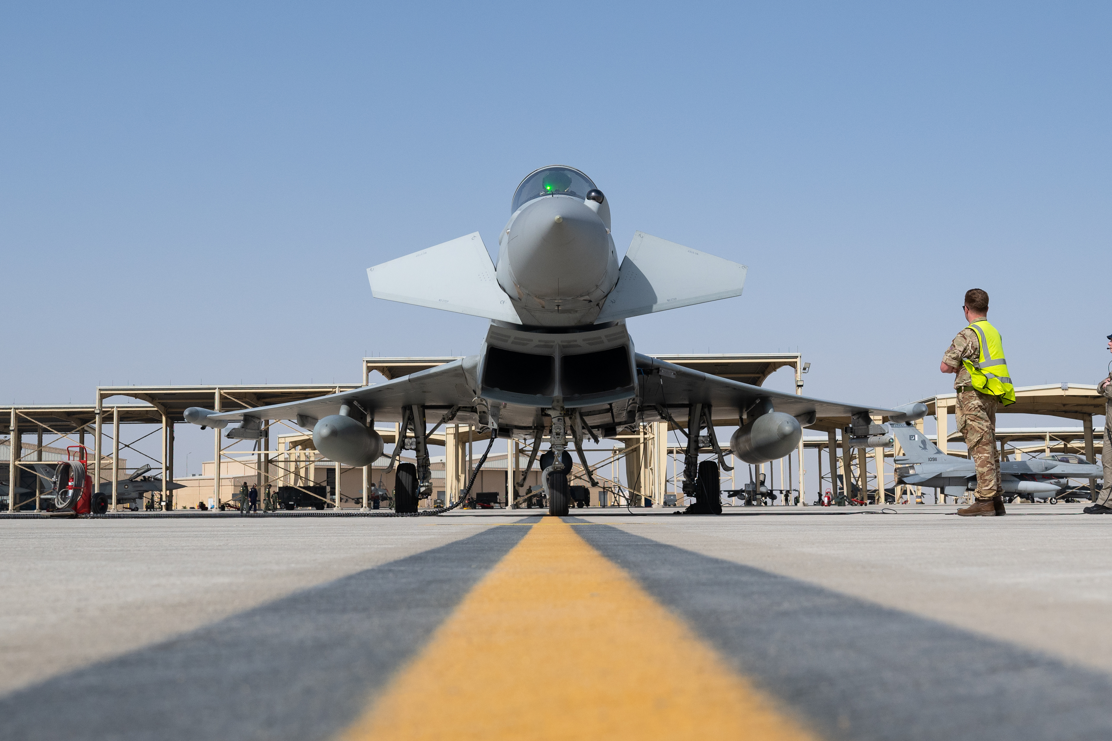An RAF Typhoon pictured on a runway in Saudi Arabia as part of Exercise Spears of Victory 2026