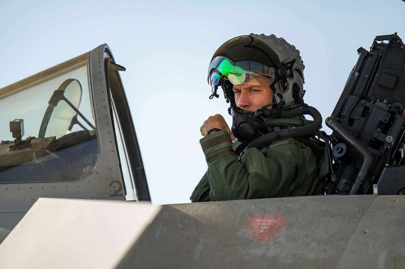 A Typhoon pilot sat in the cockpit of a Typhoon.