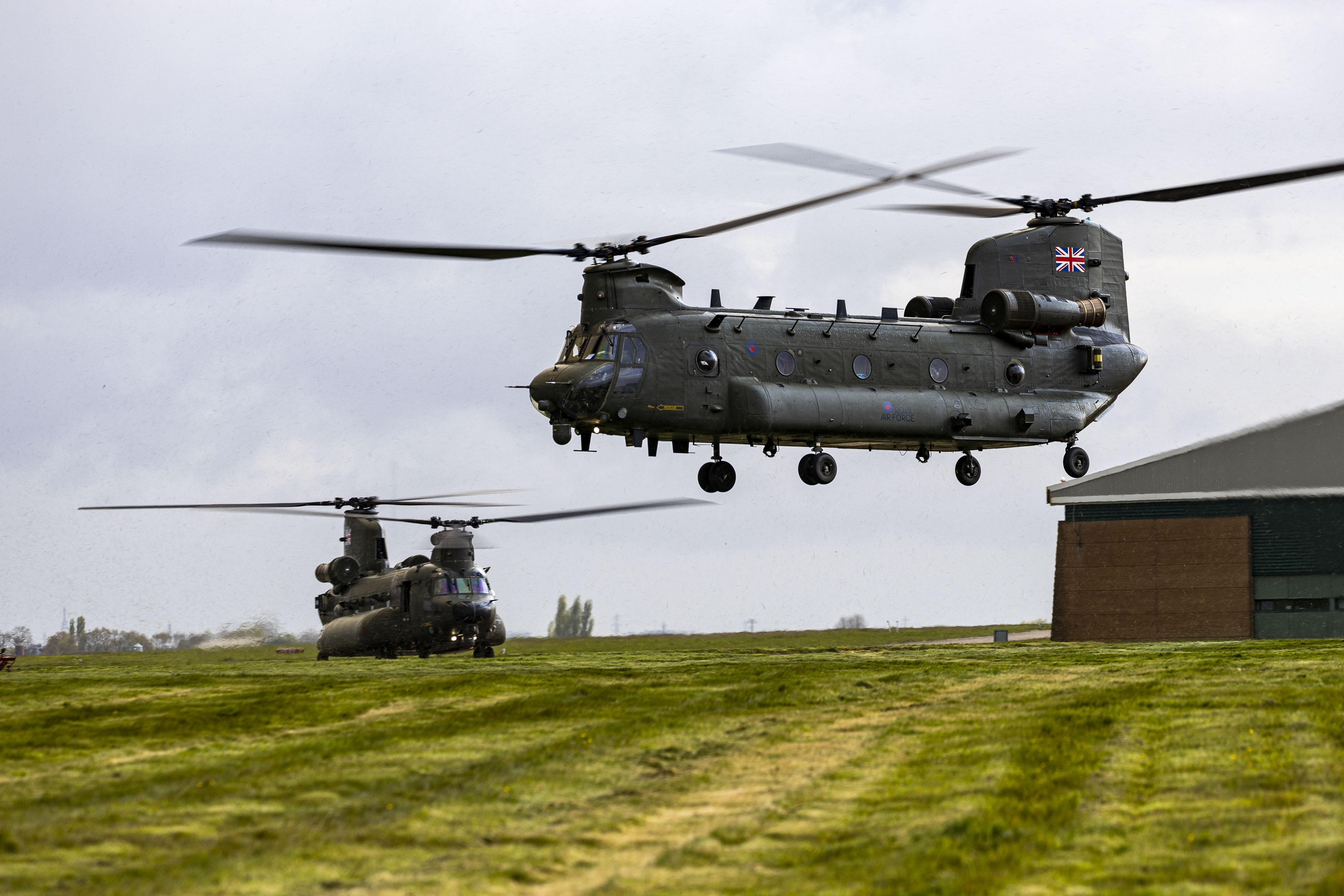 Image shows a Chinook helicopter taking off.