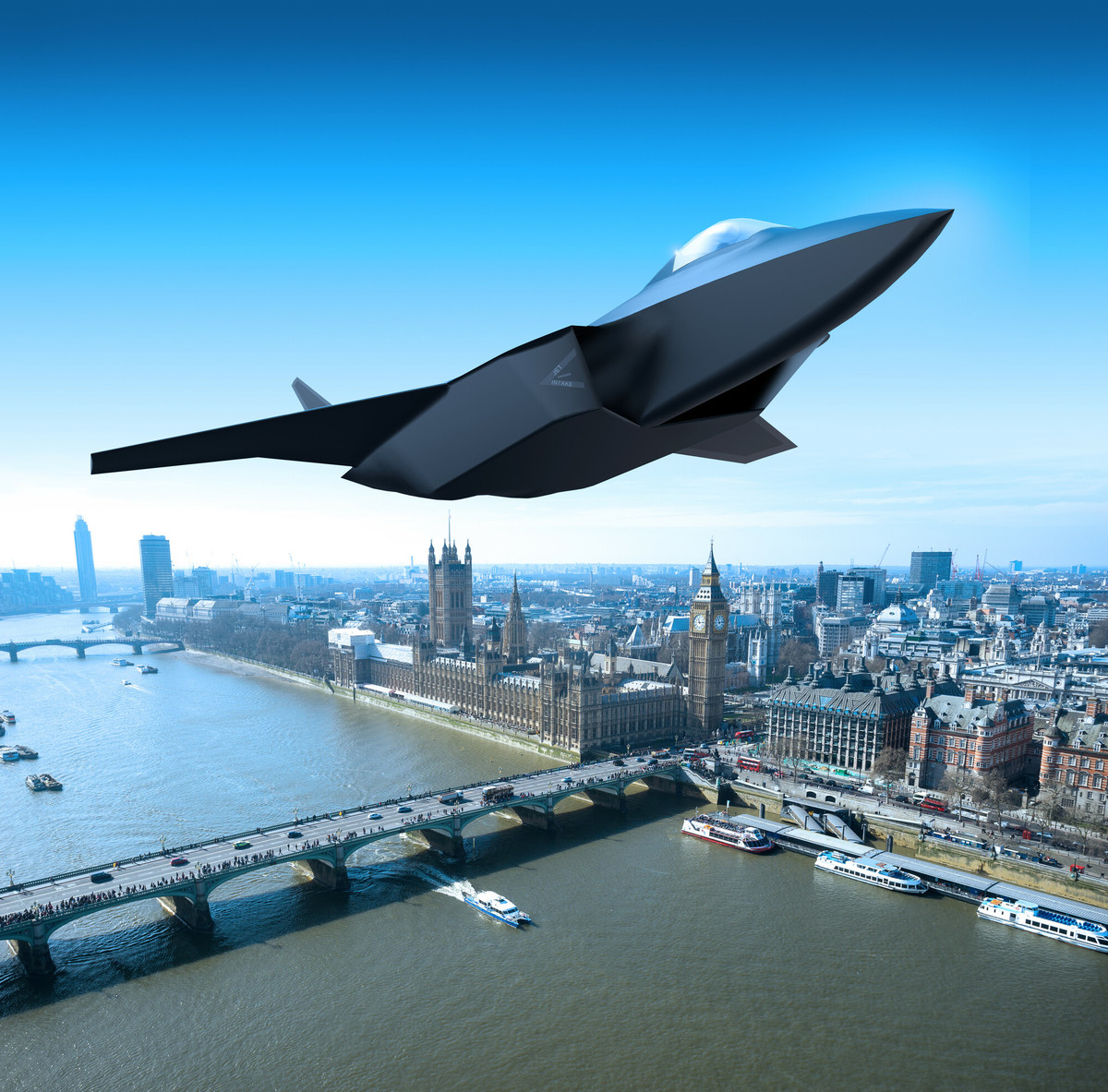 Tempest flying over the Thames and London