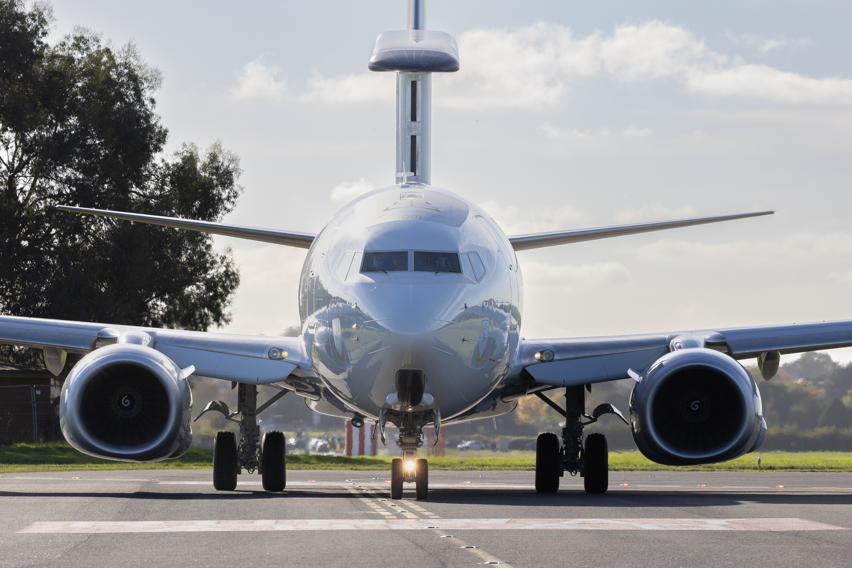 Image shows an RAF Wedgetail aircraft from the front as it taxis.